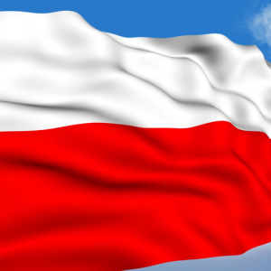 Grafika przedstawia flagę biało czerwoną na tle nieba