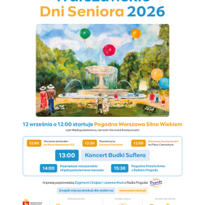 Plakat informujacy o zbliżających się wydarzeniach w ramach Warszawskich Dni Seniora 