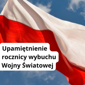 Grafika przedstawia biało czerwoną flagę Polski na błękitnym niebie. 